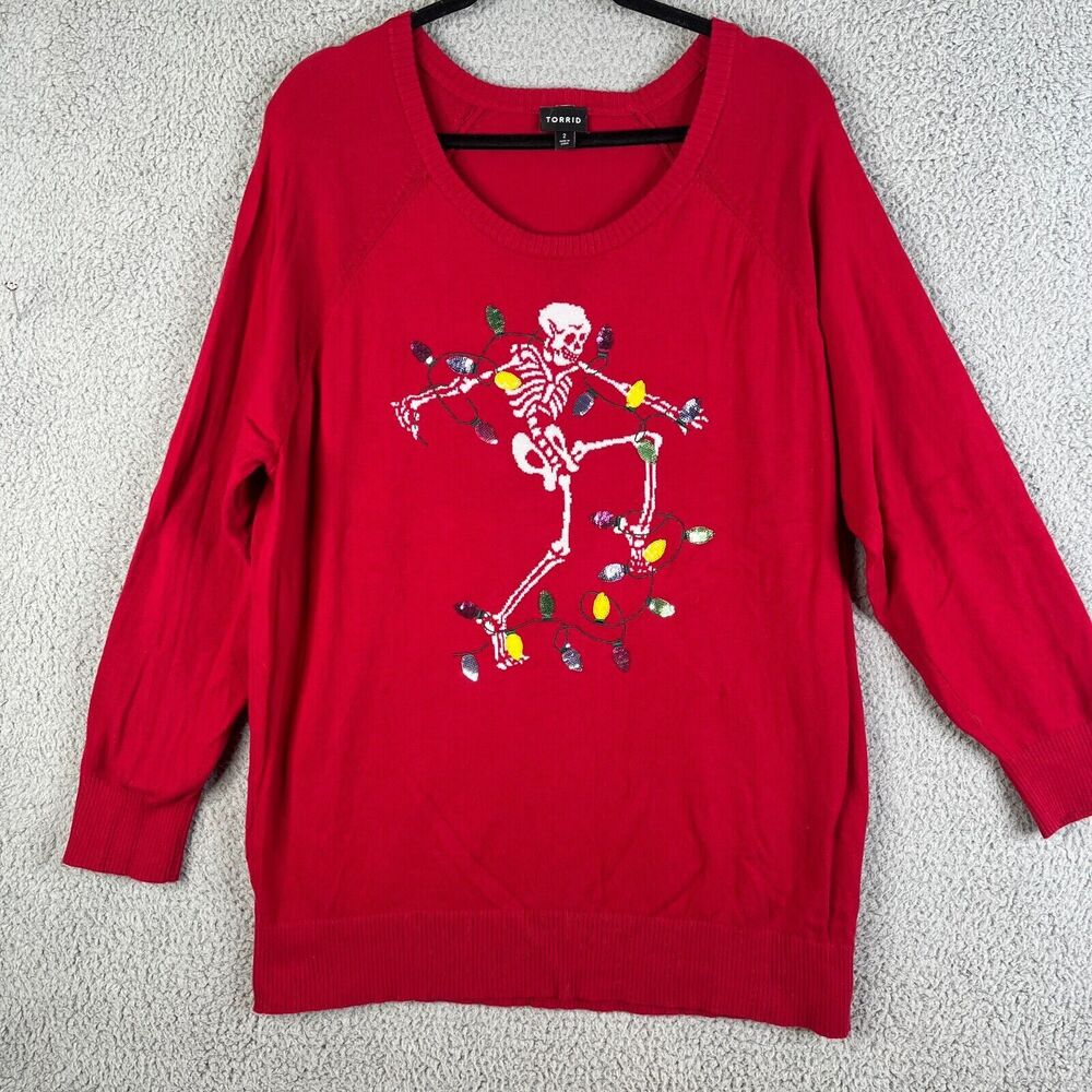 Torrid  Christmas Sweater Womens 2 Red Knit Pullover Skeleton Sequin Lights Plus